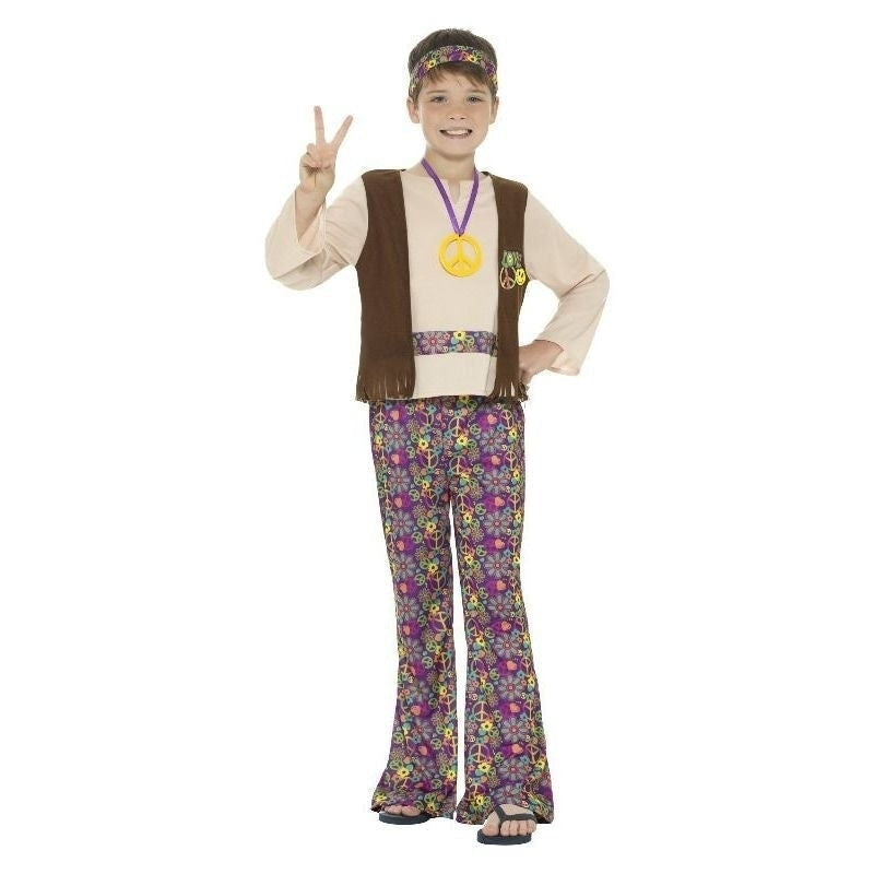 Hippie Boy Costume with Top Attached Waistcoat Trousers Medallion Headband Kids Multi Coloured 2