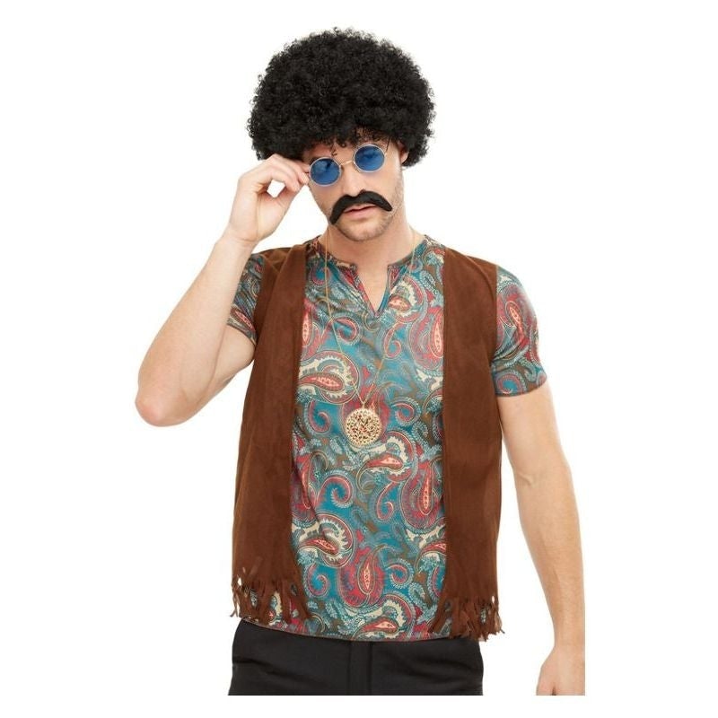 Hippie Instant Kit Adult Black Wig Coloured Glasses Black Tash and Gold Coloured Necklace 1