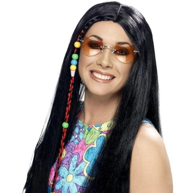 60's Hippy Party Wig Adult Black Long Coloured Beads 1