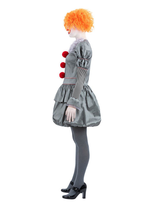 Pennywise Costume IT Ladies Grey Dress with Neck Ruffle and Tights 2