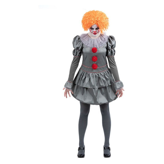 Pennywise Costume IT Ladies Grey Dress with Neck Ruffle and Tights 1