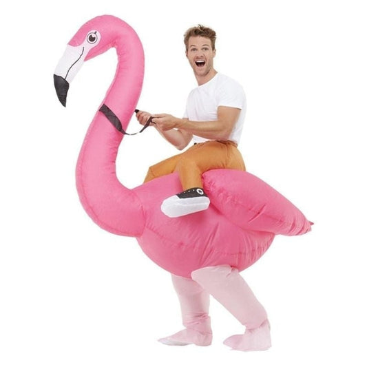 Inflatable Ride Em Flamingo Costume Pink Bodysuit and Self Inflating Fan 2