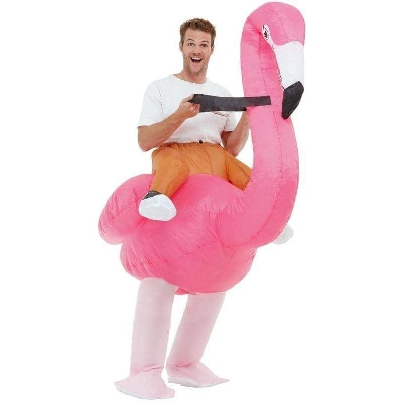 Inflatable Ride Em Flamingo Costume Pink Bodysuit and Self Inflating Fan 1