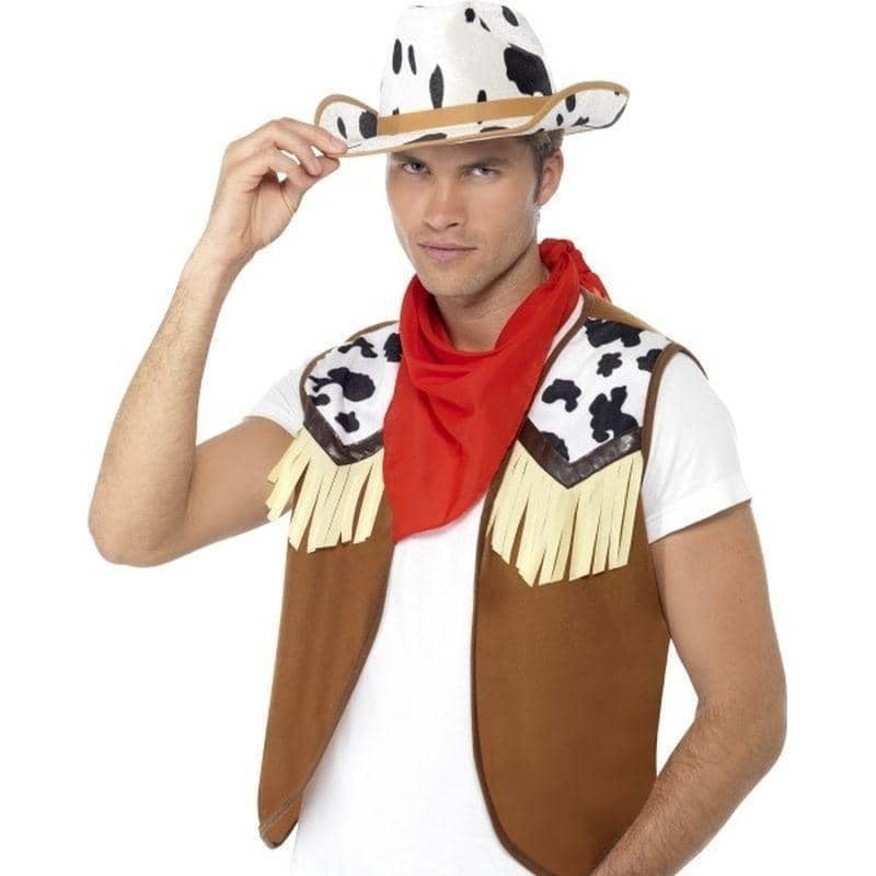 Wild West Instant Kit Brown Waistcoat Red Neck Scarf Black and White Hat 1