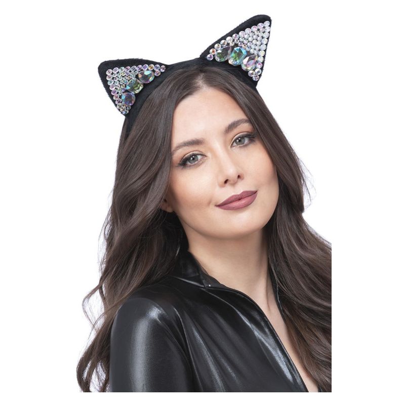Jewelled Black Cat Ear Headband Adult Fantasy Halloween Costume Accessory 1