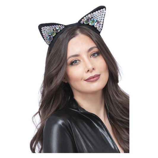 Jewelled Black Cat Ear Headband Adult Fantasy Halloween Costume Accessory 1