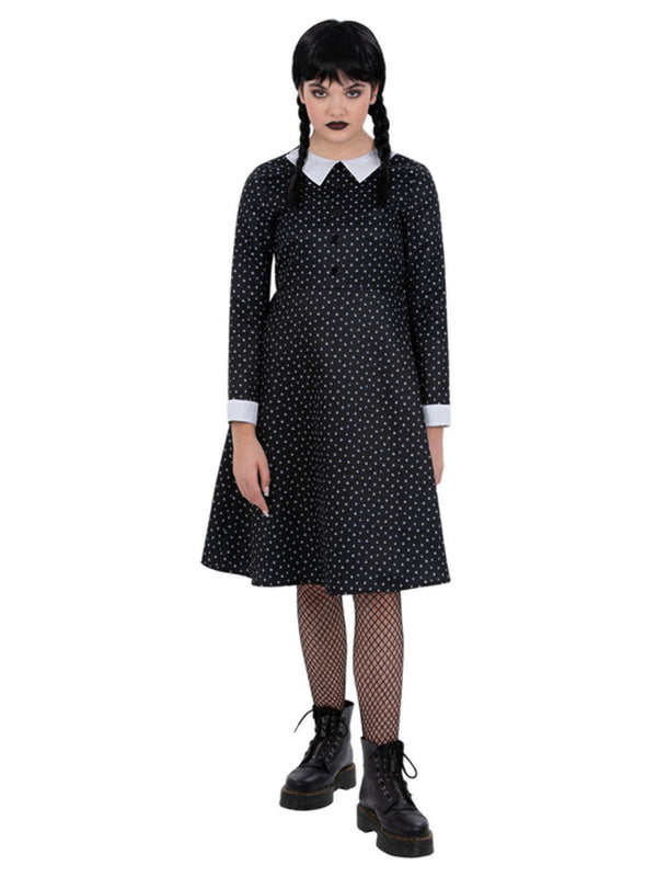 Kids Gothic School Girl Costume Spotted Black Wednesday Dress 1
