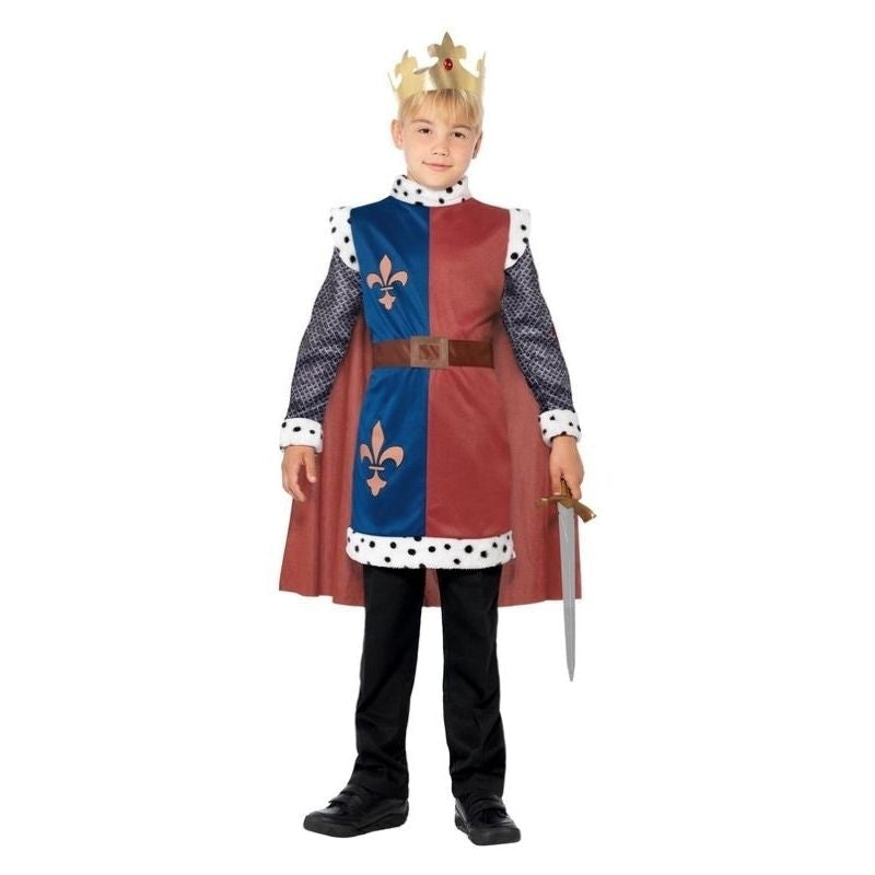 Kids King Arthur Medieval Costume Blue Red Tunic Red Cape Gold Coloured Crown 1
