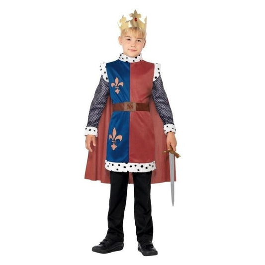 Kids King Arthur Medieval Costume Blue Red Tunic Red Cape Gold Coloured Crown 1