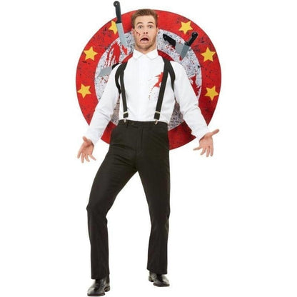 Knife Thrower Costume Red and White Adult Shirt Braces Target Board Velcro Knives 1