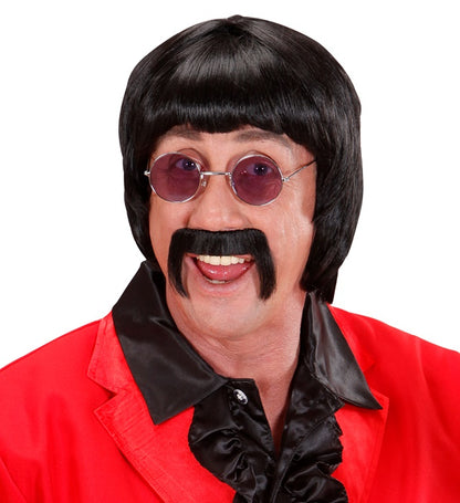 Black 60S Music Man Wig With Moustache & Glasses In Box