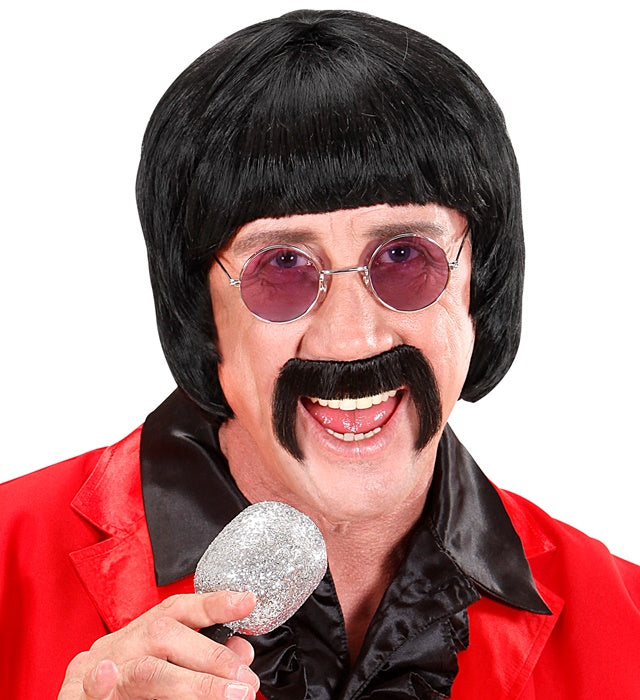 Black 60S Music Man Wig With Moustache & Glasses In Box