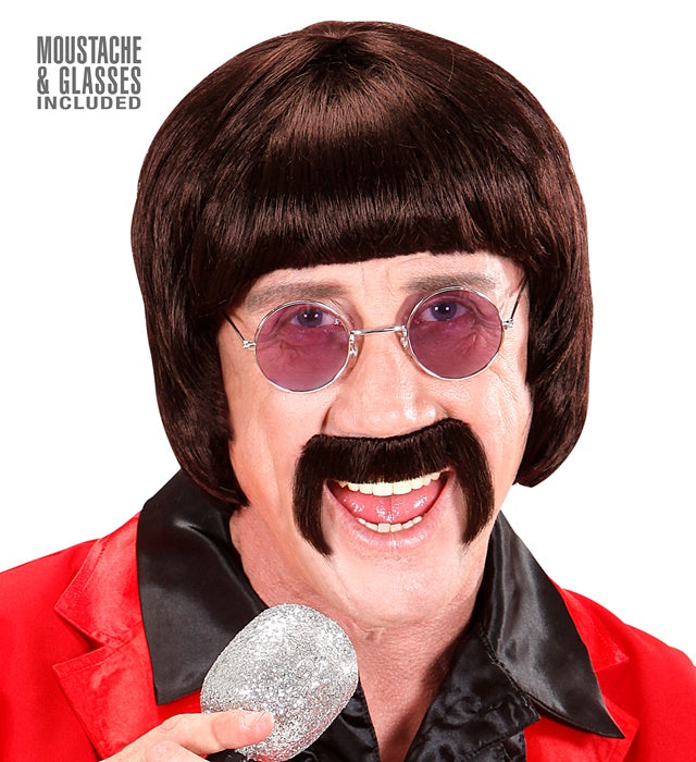 Brown 60S Music Man Wig With Moustache & Glasses In Box