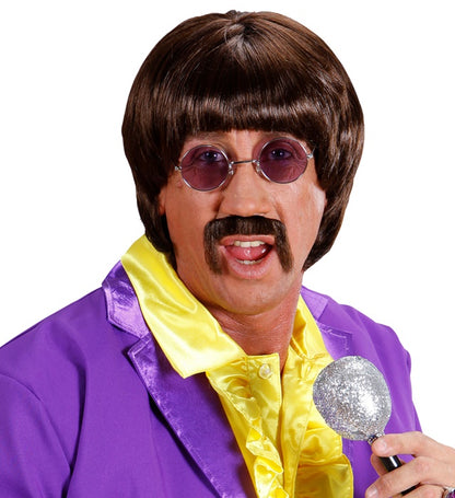 Brown 60S Music Man Wig With Moustache & Glasses In Box