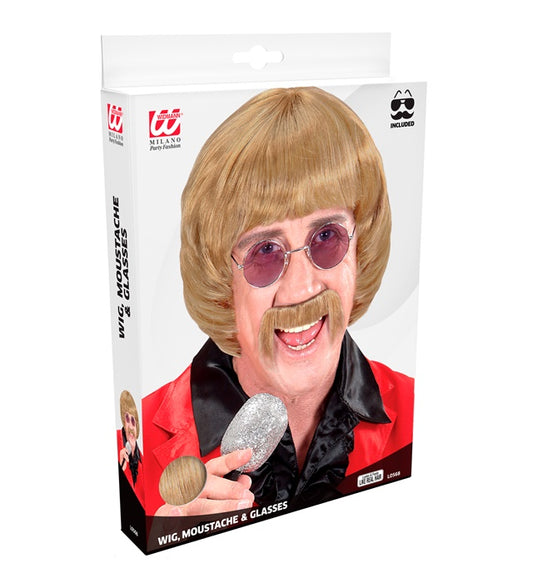 Blond 60S Music Man Wig With Moustache & Glasses In Box