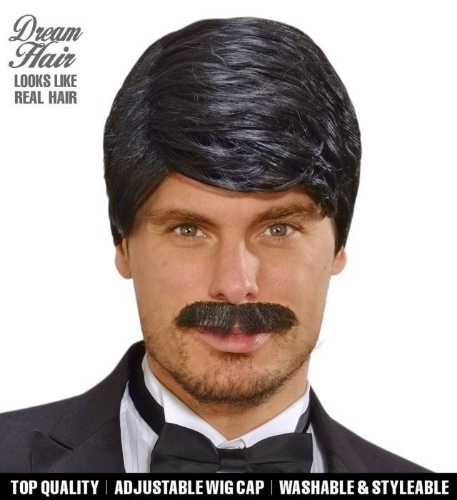 Black Playboy Dream Hair Wig & Moustache In Color Box