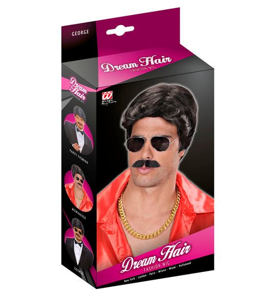 Black Playboy Dream Hair Wig & Moustache In Color Box