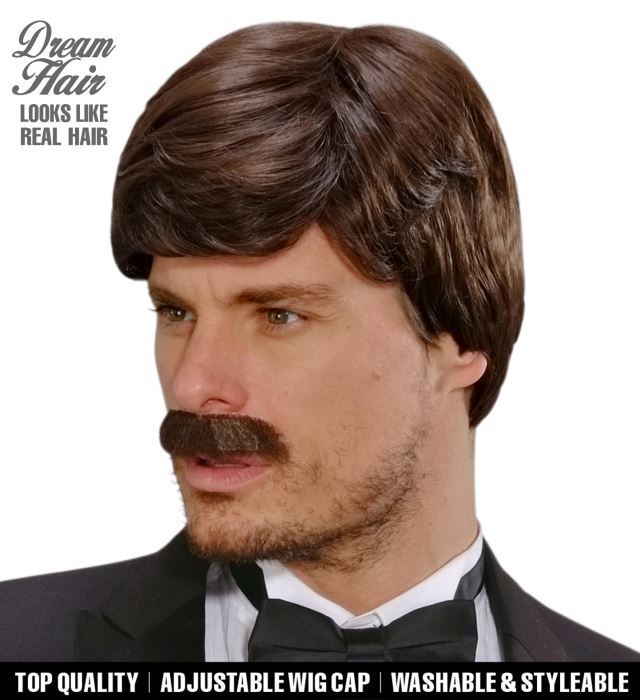 Brown Playboy Dream Hair Wig & Moustache In Color Box