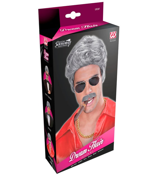 Grey Playboy Dream Hair Wig & Moustache In Color Box
