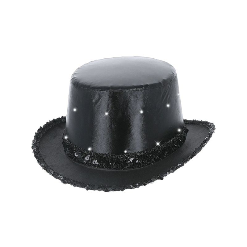 Top Hat Black Metallic Adult LED Light Up with Elastic Inner Rim 1