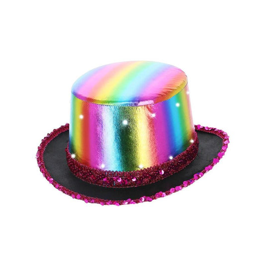 LED Light Up Metallic Rainbow Top Hat Adult Costume Accessory 1