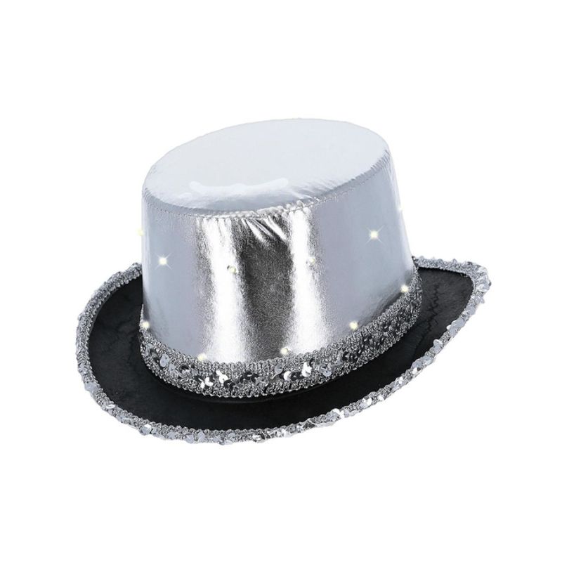 LED Light Up Metallic Top Hat Silver Elastic Inner Rim Adult Costume Accessory 1