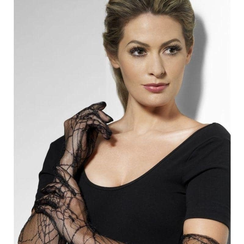 Lace Gloves Long Black With Spider Web Design Adult Costume Accessory 2
