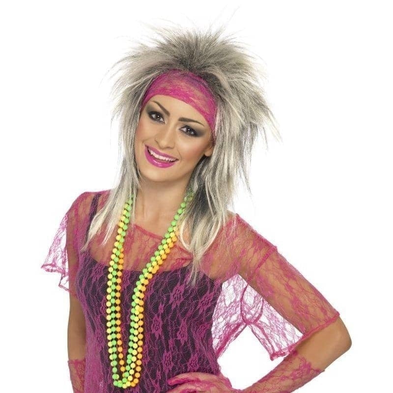Lace Net Vest Gloves and Headband Adult Neon Pink 80s Costume Set 2