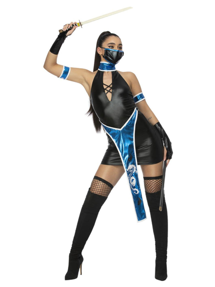 Ladies Blue Ninja Costume Black Dress Gloves Mask and Arm Cuffs 2