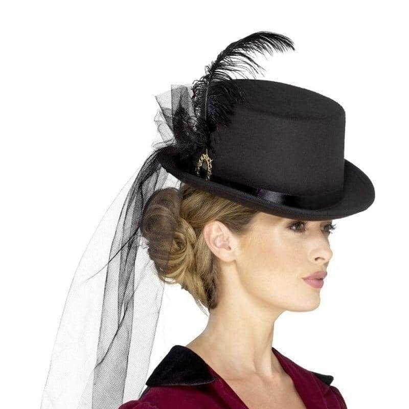 Deluxe Ladies Victorian Top Hat Elastic Black Inner Rim Attached Veil Feathers and Brooch 2