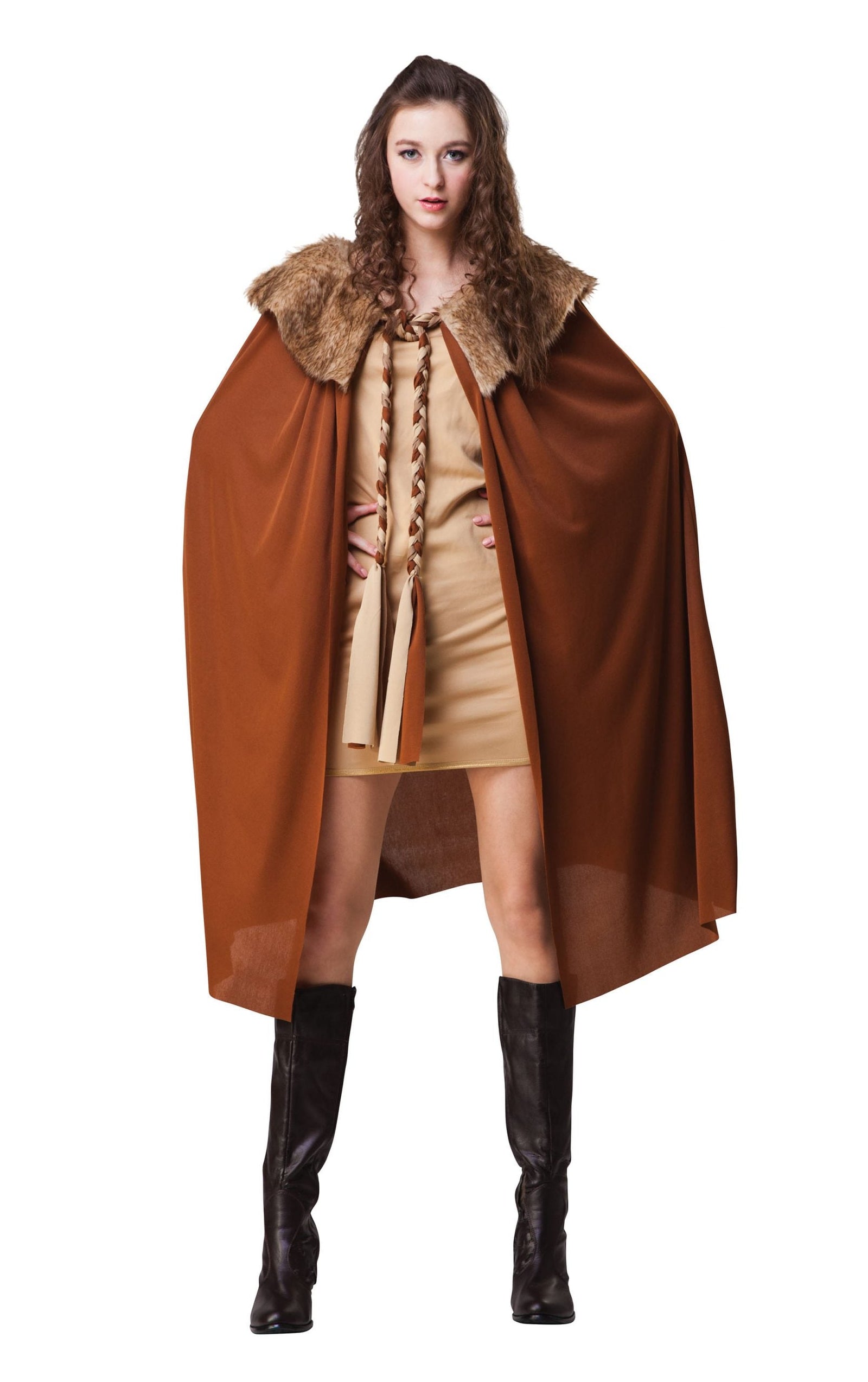 Ladies Short Brown Cape Cloak With Plush Collar 1