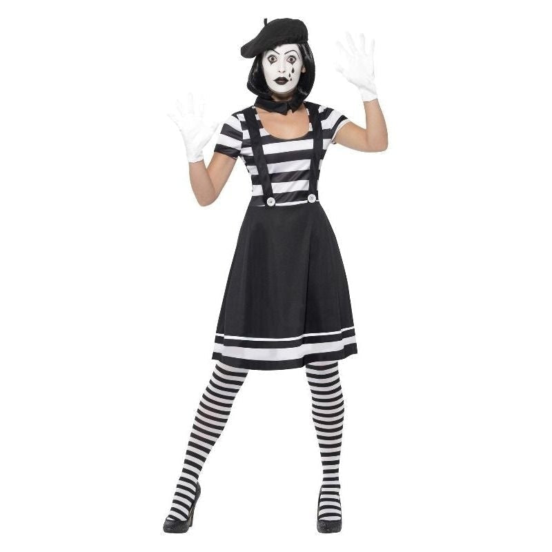 Lady Mime Artist Costume Adult Black and White Dress Collar Beret Gloves Tights Make Up 1