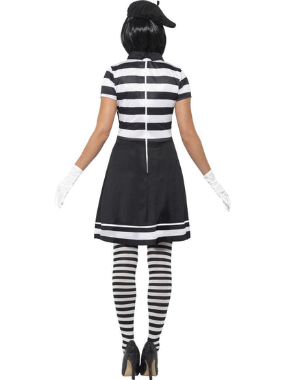 Lady Mime Artist Costume Adult Black and White Dress Collar Beret Gloves Tights Make Up 3