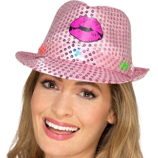 Light Up Sequin Hen Party Trilby Hat Adult Pink 1
