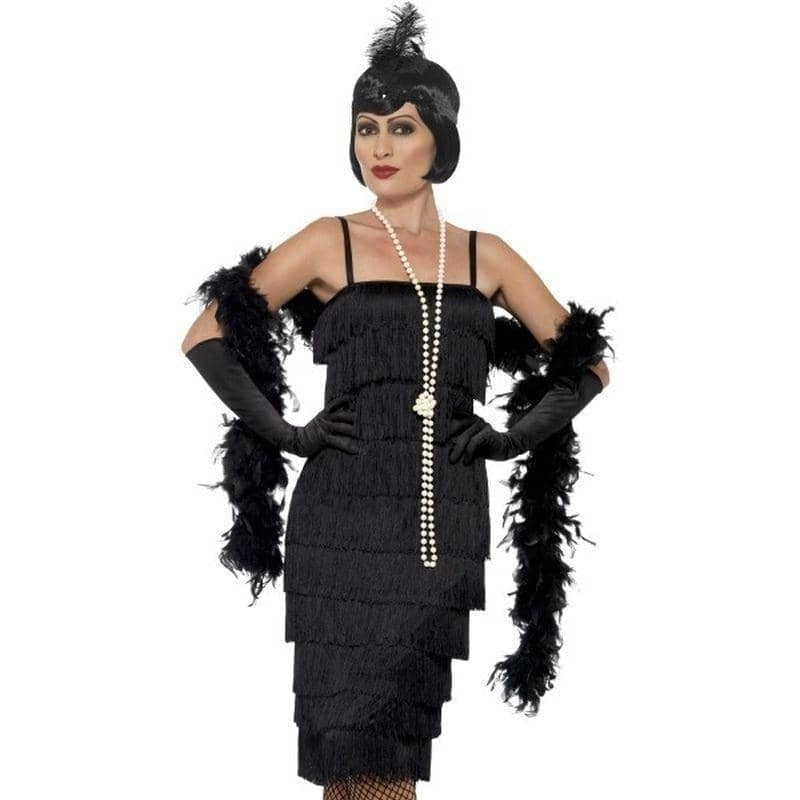 Long Black Flapper Costume Adult Dress Gloves Headband_1