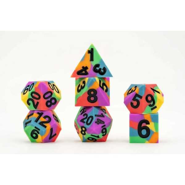 16mm Pride Sharp Edge Silicone Rubber Poly Dice Set Rainbow Flag Gaymers Pride FanRoll Gaming Accessory by Metallic Dice 1