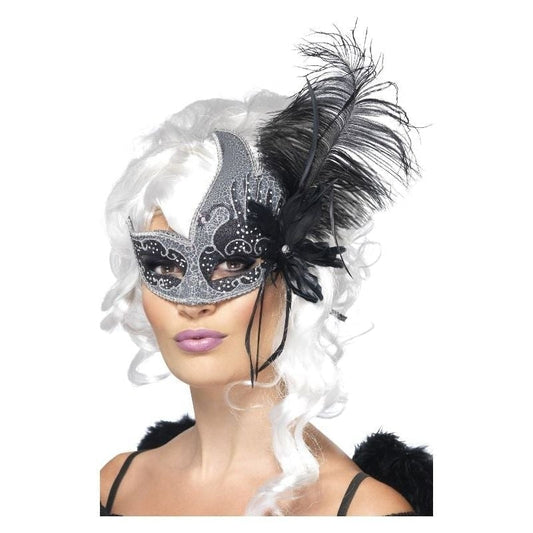 Masquerade Dark Angel Eyemask Adult Silver Black Tie Sides Feathers 2