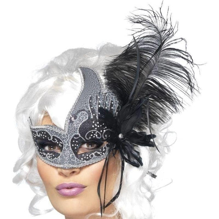 Masquerade Dark Angel Eyemask Adult Silver Black Tie Sides Feathers_1