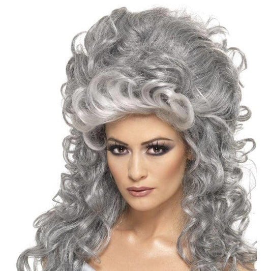 Medeia Witch Beehive Wig Adult Grey Long Curly Beehive Top 1