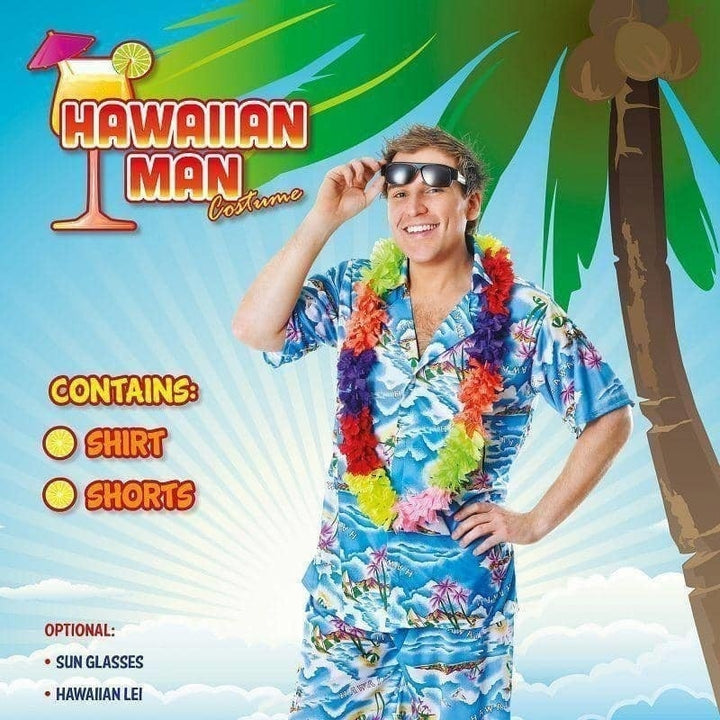 Size Chart Mens Hawaiian Costume Blue Shirt and Shorts