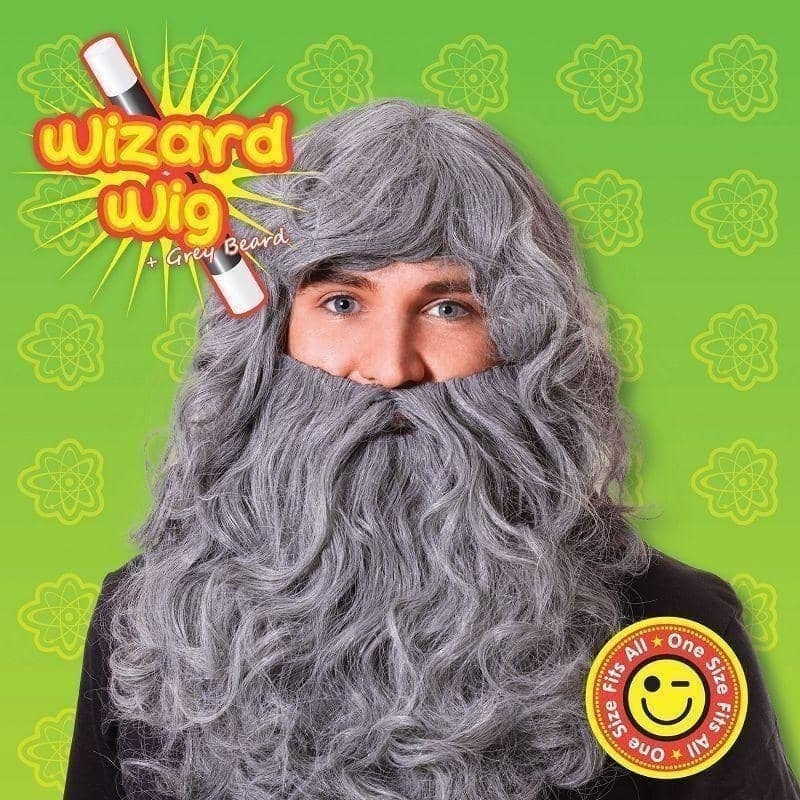 Mens Wizard Wig & Beard Set Grey Budget Wigs Male Halloween Costume 2