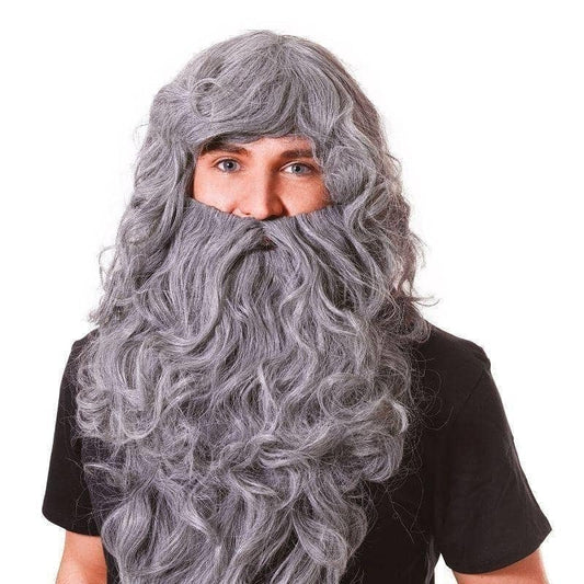 Mens Wizard Wig & Beard Set Grey Budget Wigs Male Halloween Costume 1