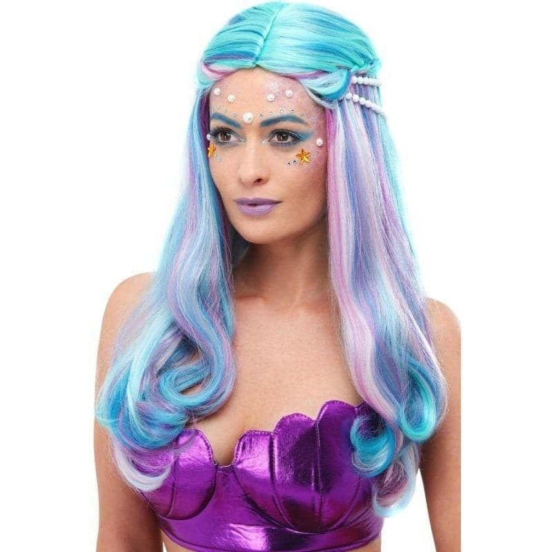 Ladies Blue Mermaid Wig with Pearls 1
