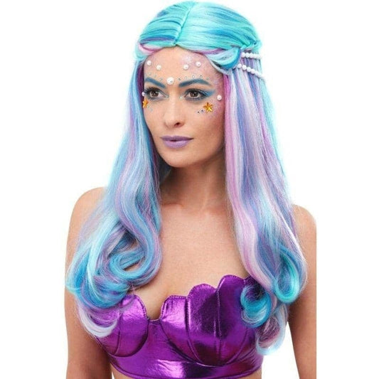 Ladies Blue Mermaid Wig with Pearls 1