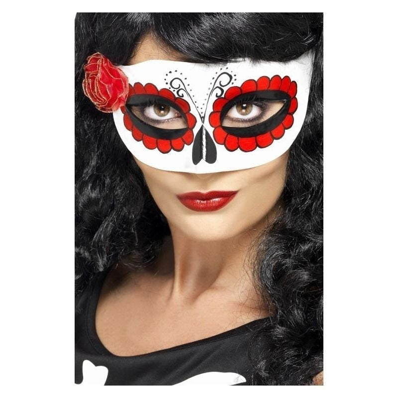 Mexican Day Of The Dead Eyemask Adult White Red Rose Costume Accessory 2