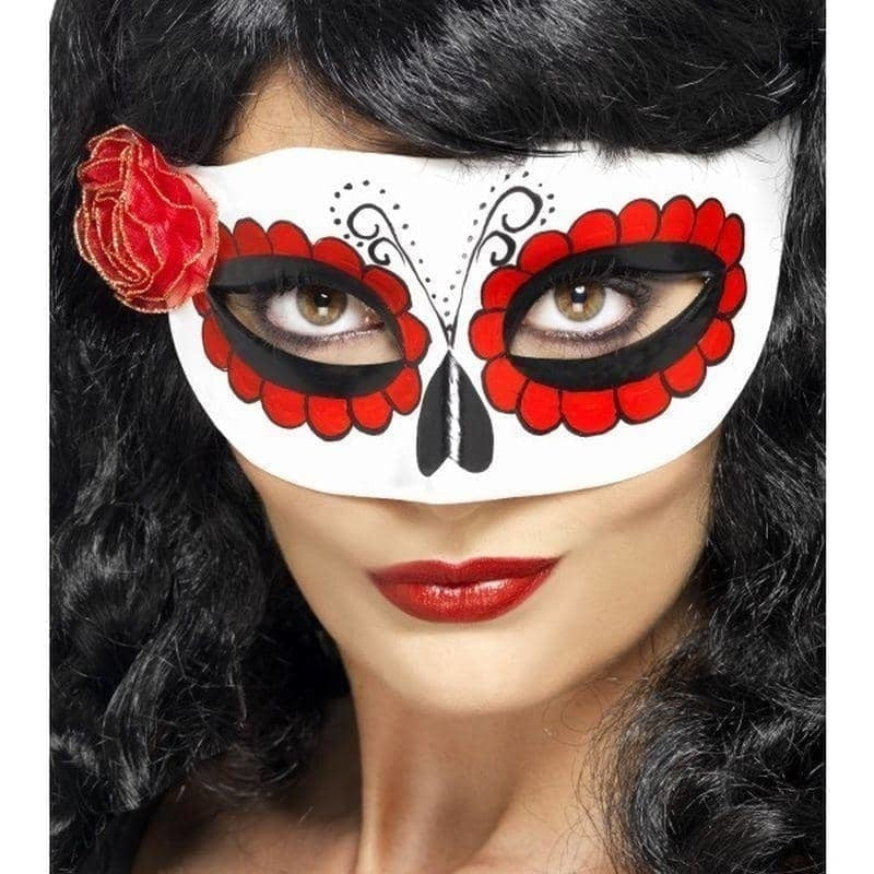Mexican Day Of The Dead Eyemask Adult White Red Rose Costume Accessory 1