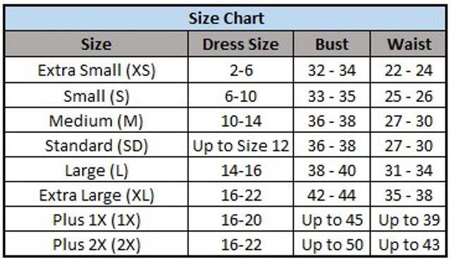 Size Chart Midnight Spirit Ladies Costume