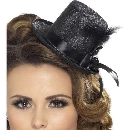 Mini Tophat Black with Black Ribbon and Feather Adult Costume Accessory 2