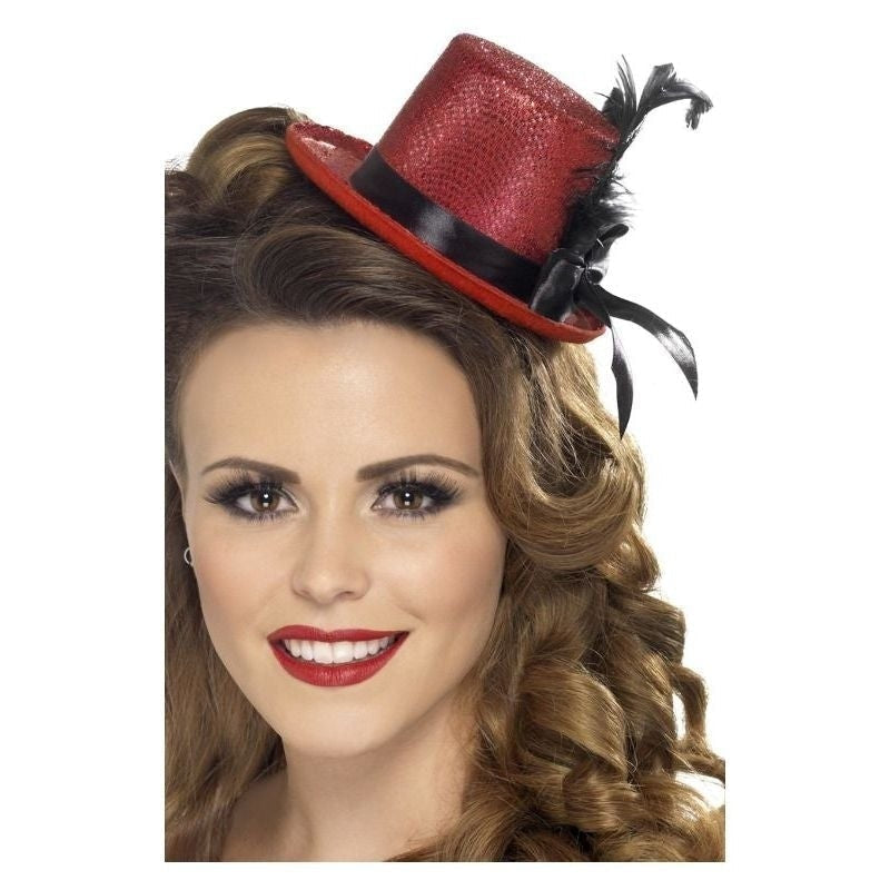Red Mini Tophat with Black Ribbon and Feather 1