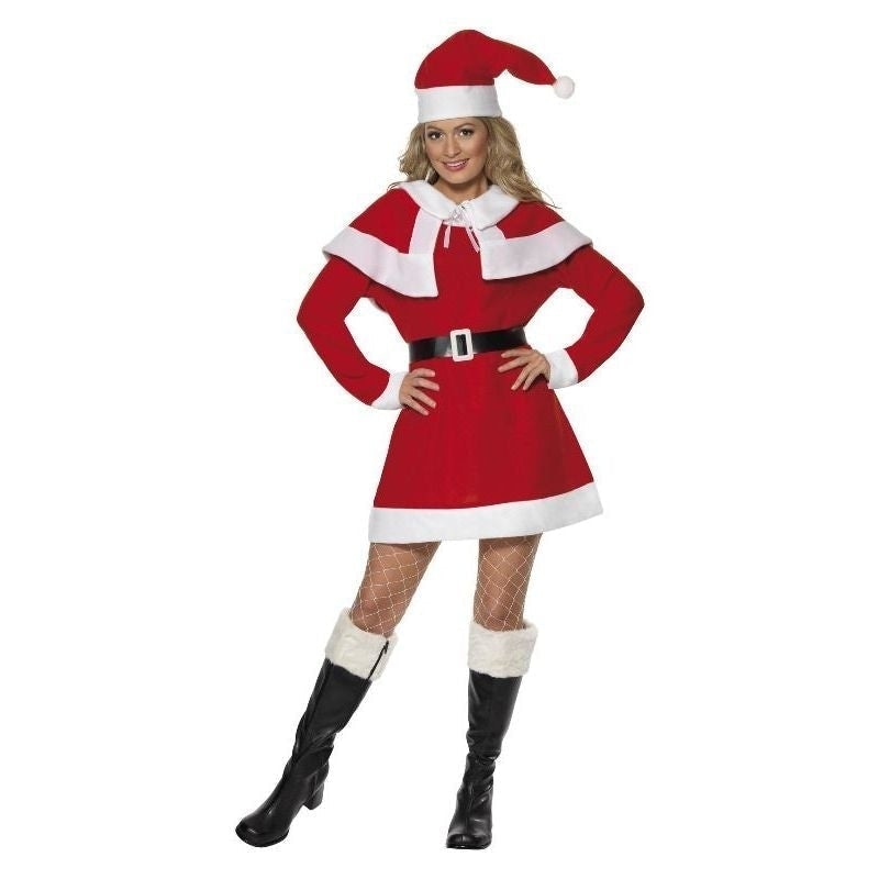 Miss Santa Fleece Costume Adult Red White Dress Cape Hat and Black Belt 1